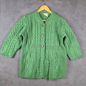 Kilronan Knitwear Sweater Womens M Green Aran Wool Cardigan Fisherman
